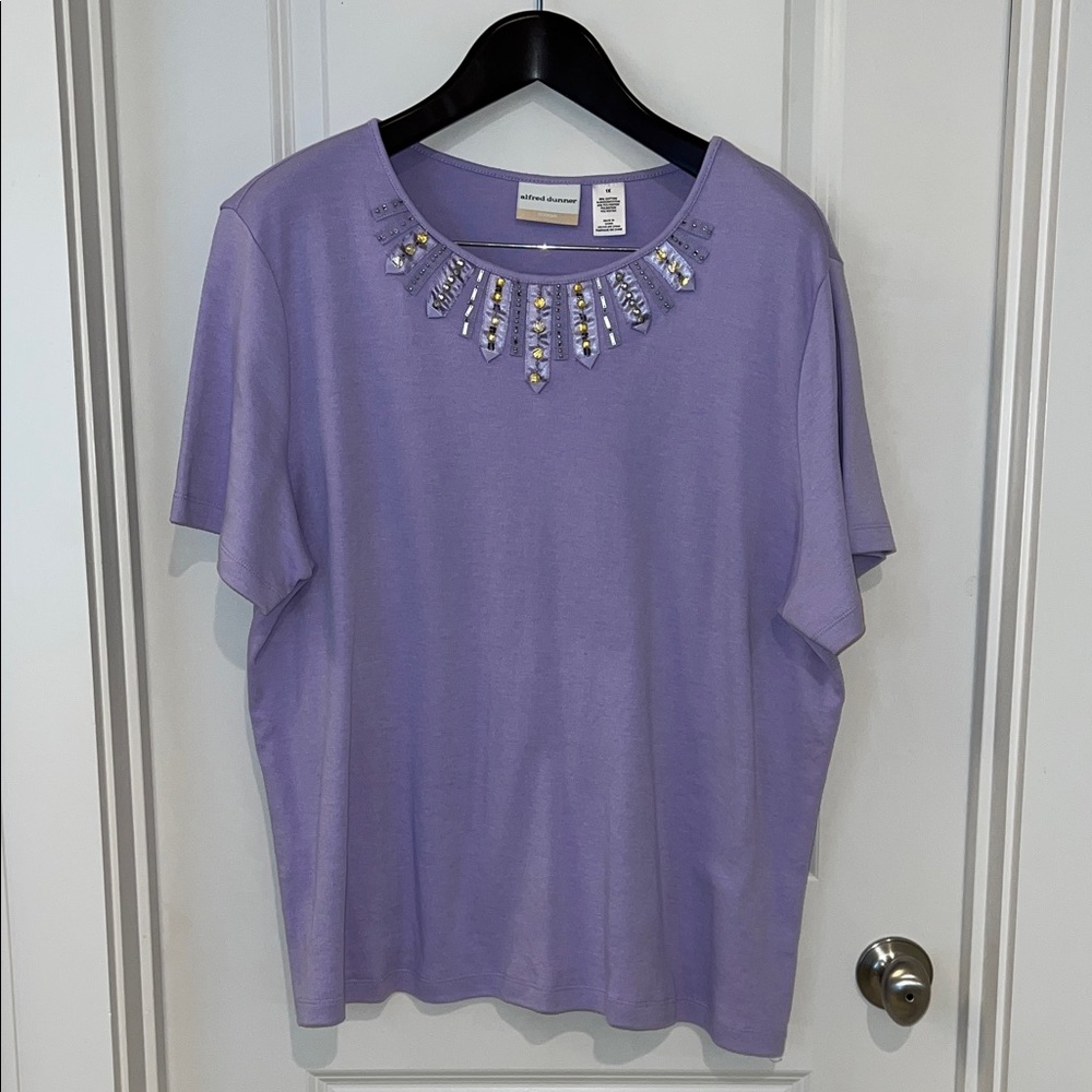 Alfred Dunner Lavender Embellished Short Sleeve Top